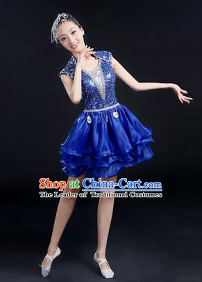 Traditional Chinese Modern Dancing Costume, Women Opening Classic Chorus Singing Group Dance Paillette Costume, Modern Dance Short Blue Peony Dress for Women