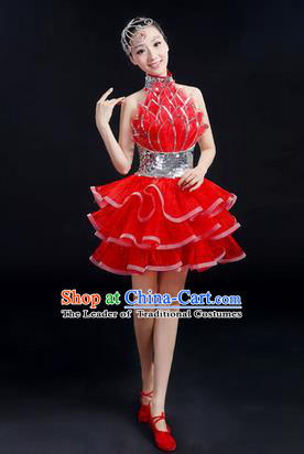 Traditional Modern Dancing Costume, Women Opening Classic Chorus Singing Group Dance Bubble Uniforms, Modern Dance Short Paillette Red Dress for Women