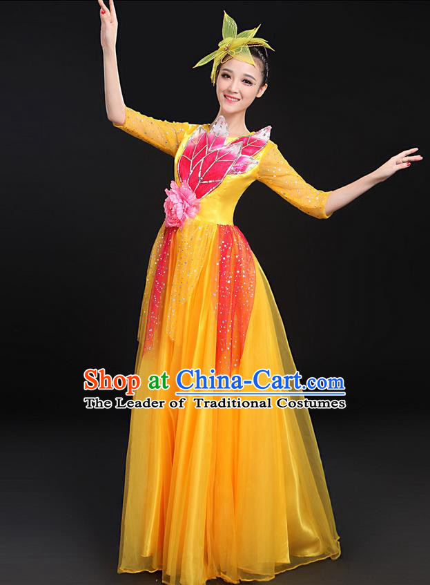 Traditional Modern Dancing Costume, Women Opening Classic Chorus Singing Group Dance Bubble Uniforms, Modern Dance Long Paillette Peony Yellow Dress for Women