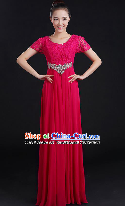 Traditional Modern Dancing Compere Costume, Women Opening Classic Chorus Singing Group Dance Uniforms, Modern Dance Lace Long Rose Dress for Women