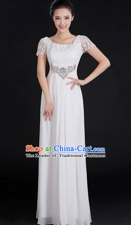 Traditional Modern Dancing Compere Costume, Women Opening Classic Chorus Singing Group Dance Uniforms, Modern Dance Lace Long White Dress for Women