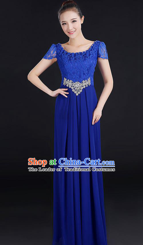 Traditional Modern Dancing Compere Costume, Women Opening Classic Chorus Singing Group Dance Uniforms, Modern Dance Lace Long Royalblue Dress for Women