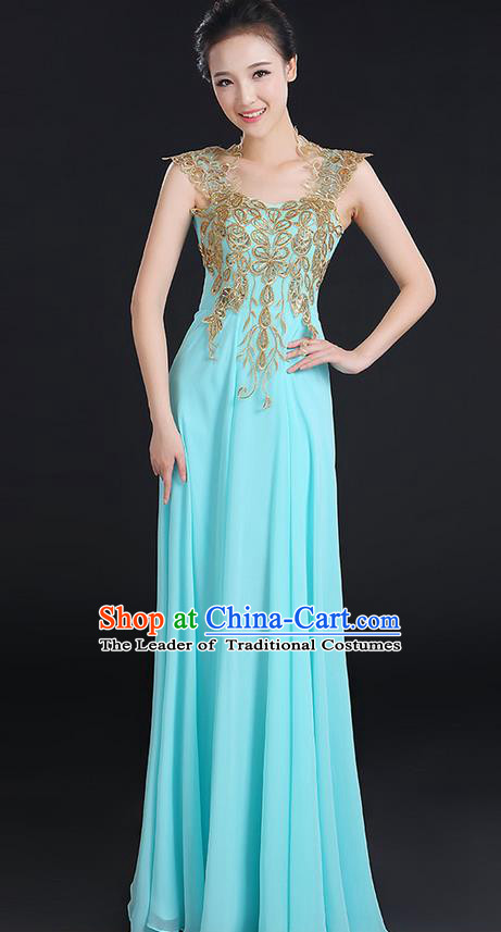 Traditional Modern Dancing Compere Costume, Women Opening Classic Chorus Singing Group Dance Uniforms, Modern Dance Paillette Long Blue Dress for Women