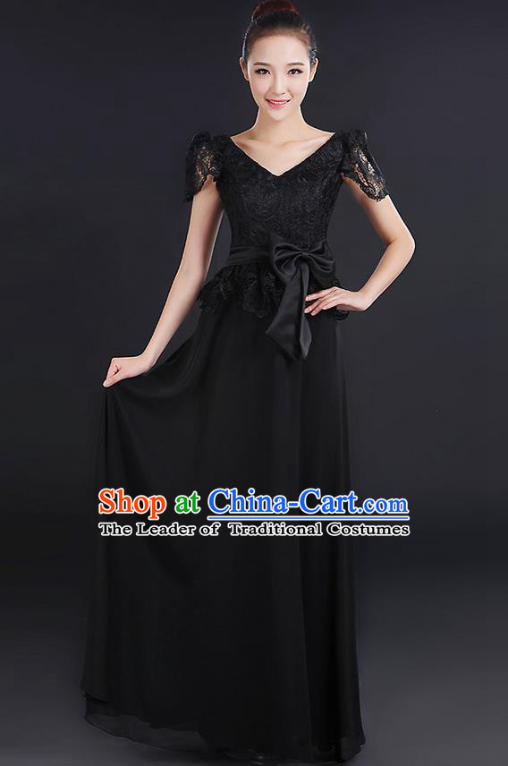 Traditional Modern Dancing Compere Costume, Women Opening Classic Chorus Singing Group Dance Bowknot Uniforms, Modern Dance Lace Long Black Dress for Women