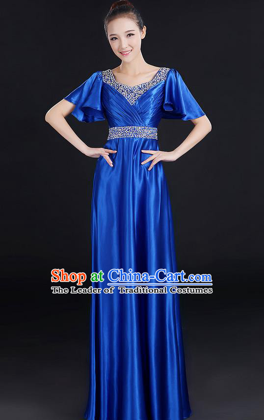 Traditional Chinese Modern Dancing Compere Costume, Women Opening Classic Chorus Singing Group Dance Uniforms, Modern Dance Crystal Long Royalblue Dress for Women