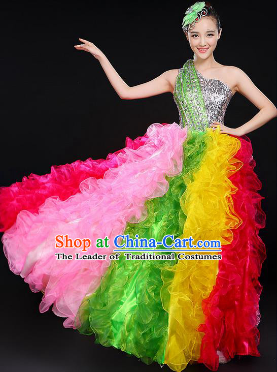 Traditional Chinese Modern Dancing Compere Costume, Women Opening Classic Chorus Singing Group Dance Big Swing Uniforms, Modern Dance Long Bubble Paillette Dress for Women