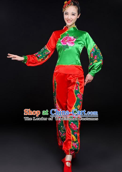 Traditional Chinese Yangge Fan Dancing Costume, Folk Dance Yangko Embroidered Uniforms, Classic Dance Elegant Dress Drum Dance Clothing for Women