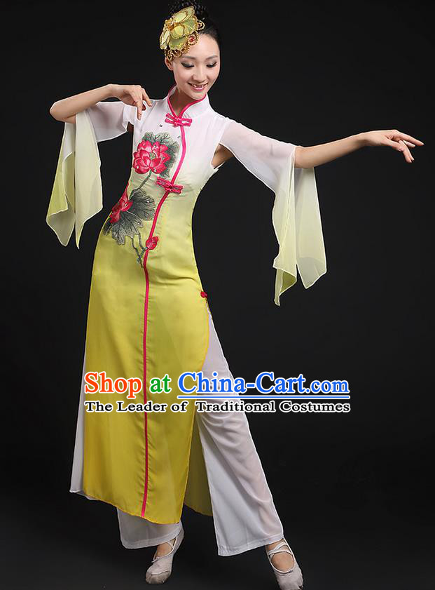 Traditional Chinese Yangge Fan Dancing Costume, Folk Dance Yangko Uniforms, Classic Lotus Dance Elegant Dress Drum Dance Yellow Clothing for Women