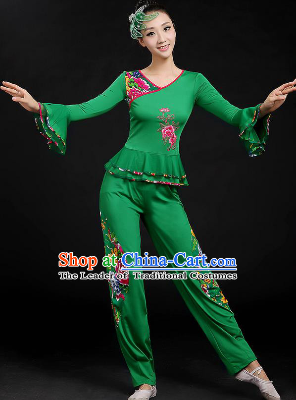 Traditional Chinese Yangge Fan Dancing Costume, Folk Dance Yangko Mandarin Sleeve Uniforms, Classic Dance Elegant Dress Drum Dance Peony Green Clothing for Women