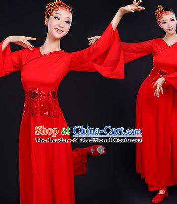 Traditional Chinese Yangge Fan Dancing Costume, Folk Dance Yangko Mandarin Sleeve Paillette Uniforms, Classic Dance Elegant Dress Drum Dance Paillette Red Clothing for Women