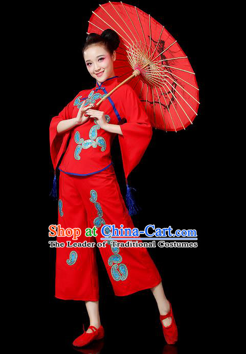 Traditional Chinese Yangge Fan Dancing Costume, Folk Dance Yangko Mandarin Sleeve Uniforms, Classic Dance Elegant Dress Drum Dance Red Clothing for Women