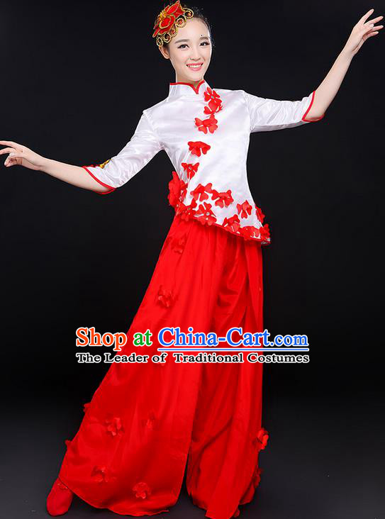 Traditional Chinese Yangge Fan Dancing Costume, Folk Dance Yangko Uniforms, Classic Dance Elegant Dress Drum Dance Red Clothing for Women