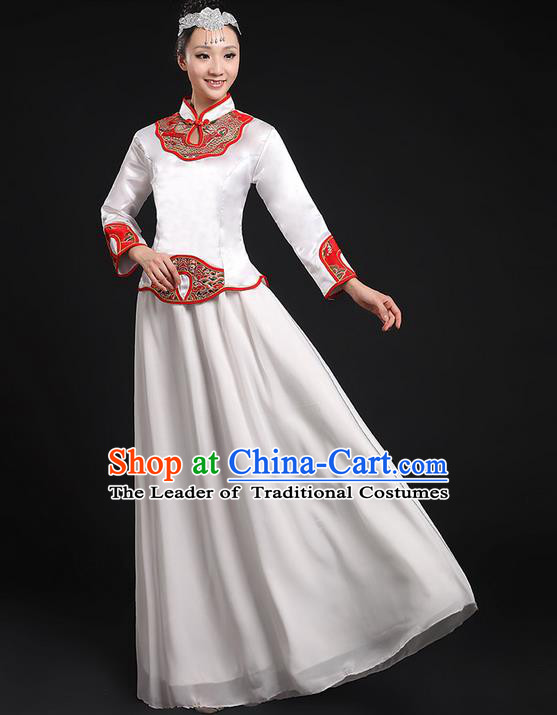 Traditional Chinese Modern Dancing Compere Costume, Women Opening Classic Chorus Singing Group Dance Uniforms, Modern Dance Classic Dance Cheongsam White Dress for Women