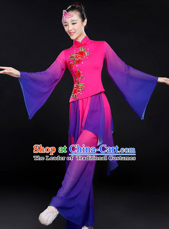 Traditional Chinese Yangge Fan Dancing Costume, Folk Dance Yangko Mandarin Sleeve Uniforms, Classic Umbrella Dance Elegant Dress Drum Dance Peony Purple Clothing for Women