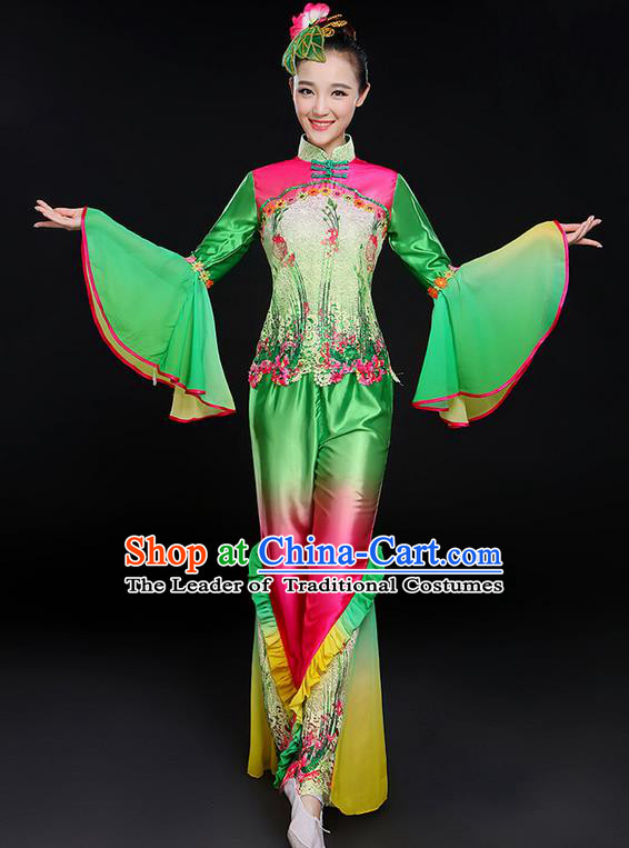 Traditional Chinese Yangge Fan Dancing Costume, Folk Dance Yangko Mandarin Sleeve Uniforms, Classic Lotus Dance Elegant Dress Drum Dance Flowers Clothing for Women