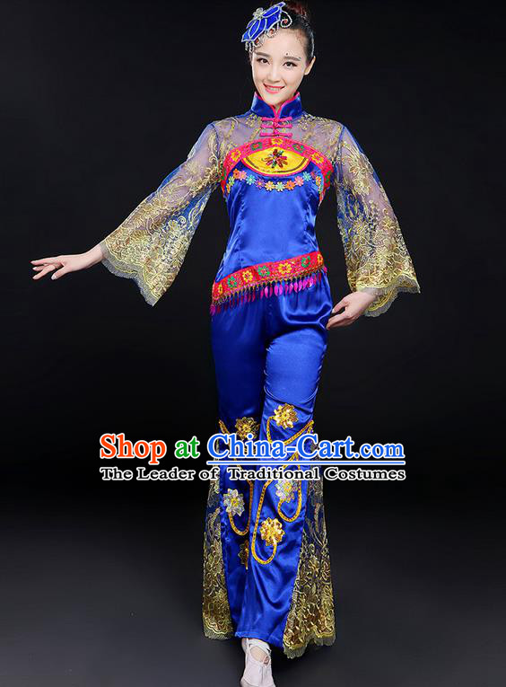 Traditional Chinese Yangge Fan Dancing Costume, Folk Dance Yangko Mandarin Sleeve Embroidered Uniforms, Classic Dance Elegant Dress Drum Dance Flowers Clothing for Women