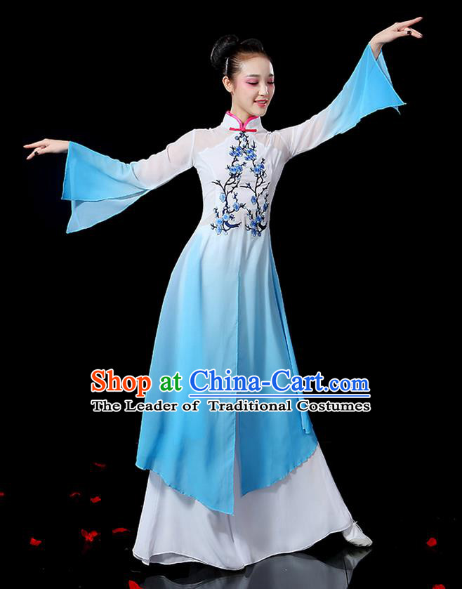 Traditional Chinese Yangge Fan Dancing Costume, Folk Dance Yangko Mandarin Sleeve Embroidered Plum Blossom Uniforms, Classic Umbrella Dance Elegant Dress Drum Dance Blue Clothing for Women