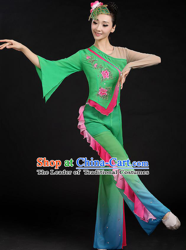 Traditional Chinese Yangge Fan Dancing Costume, Folk Dance Yangko Mandarin Sleeve Uniforms, Classic Umbrella Dance Elegant Dress Drum Dance Green Clothing for Women