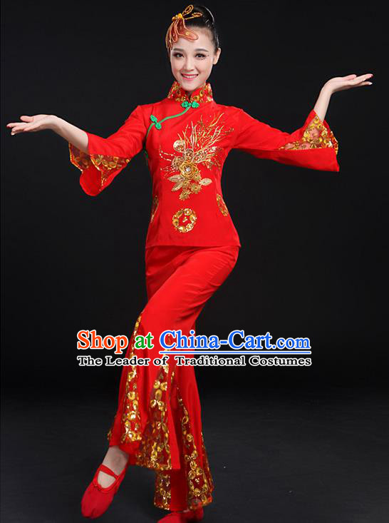 Traditional Chinese Yangge Fan Dancing Costume, Folk Dance Yangko Paillette Uniforms, Classic Umbrella Dance Elegant Red Dress Drum Dance Clothing for Women