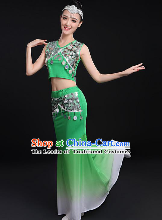 Traditional Chinese Dai Nationality Peacock Dancing Costume, Folk Dance Ethnic Paillette Fishtail Dress Uniform, Chinese Minority Nationality Dancing Green Clothing for Women