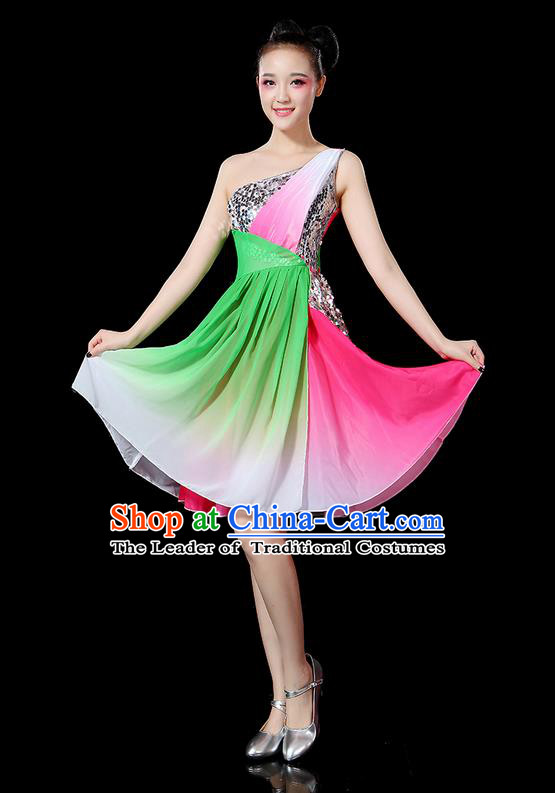 Traditional Chinese Yangge Fan Dancing Costume, Folk Dance Yangko Paillette Uniforms, Classic Umbrella Dance Elegant Short Dress Drum Dance Clothing for Women