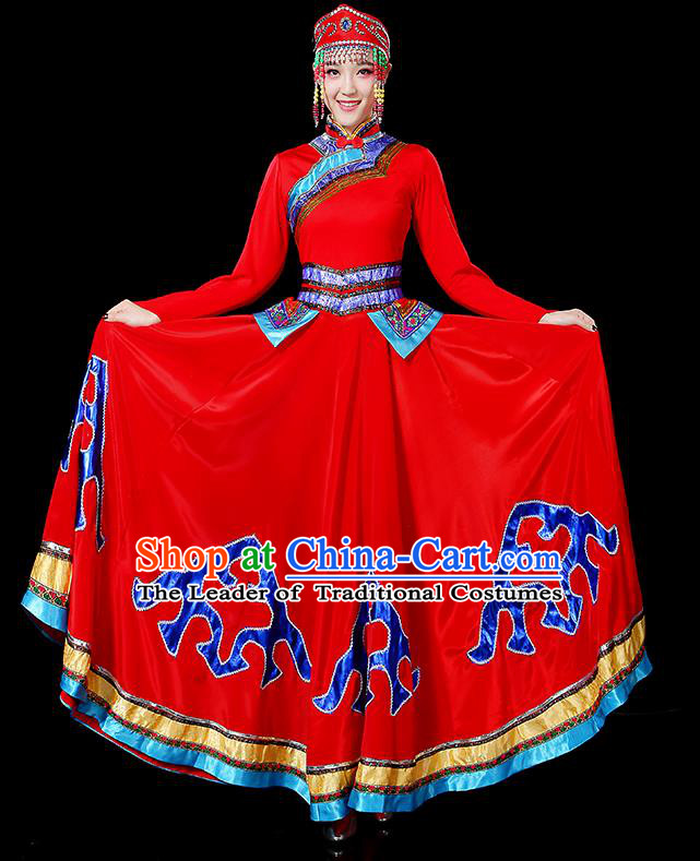 Traditional Chinese Mongol Nationality Dancing Costume, Mongols Female Folk Dance Ethnic Big Swing Dress, Chinese Mongolian Minority Nationality Embroidery Costume for Women