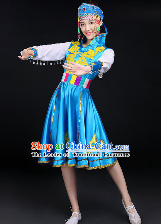 Traditional Chinese Mongol Nationality Dancing Costume, Mongols Female Folk Dance Ethnic Blue Skirt, Chinese Mongolian Minority Nationality Embroidery Costume for Women