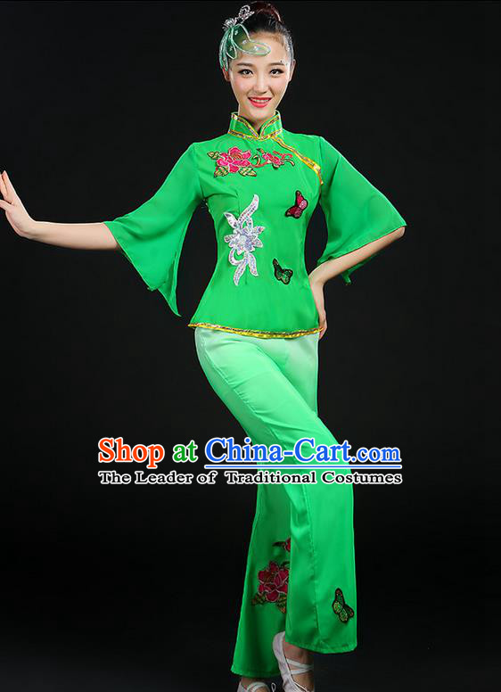 Traditional Chinese Yangge Fan Dancing Costume, Folk Dance Yangko Mandarin Sleeve Butterfly Peony Uniforms, Classic Umbrella Dance Elegant Dress Drum Dance Clothing for Women