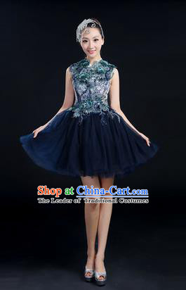 Traditional Chinese Modern Dancing Compere Costume, Women Opening Classic Chorus Singing Group Dance Paillette Uniforms, Modern Dance Bubble Short Deep Blue Dress for Women