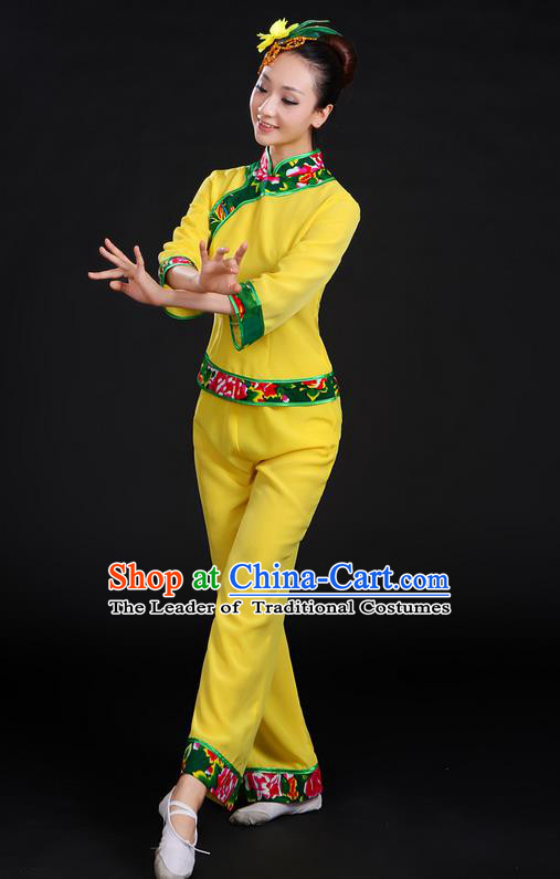 Traditional Chinese Yangge Fan Dancing Costume, Folk Dance Yangko Yellow Uniforms, Classic Umbrella Dance Elegant Dress Drum Dance Clothing for Women