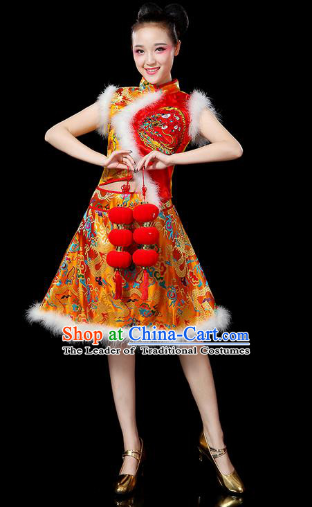 Traditional Chinese Yangge Fan Dancing Costume, Folk Dance Yangko Embroidered Dragon Satin Red Uniforms, Classic Umbrella Dance Elegant Dress Drum Dance Clothing for Women