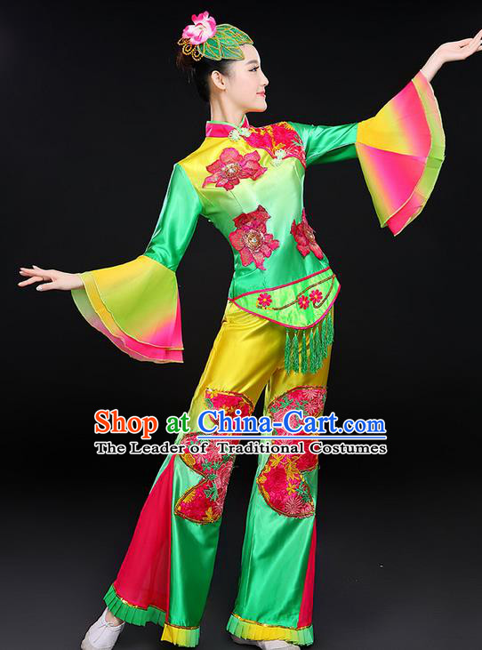 Traditional Chinese Yangge Fan Dancing Costume, Folk Dance Yangko Lotus Dance Mandarin Sleeve Satin Uniforms, Classic Umbrella Dance Elegant Dress Drum Dance Clothing for Women