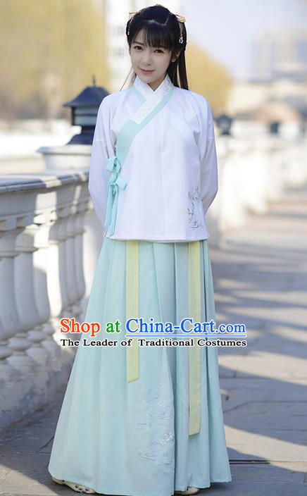 Traditional Ancient Chinese Young Lady Elegant Costume Embroidered Lotus Slant Opening Blouse and Slip Skirt Complete Set , Elegant Hanfu Clothing Chinese Jin Dynasty Imperial Princess Clothing for Women