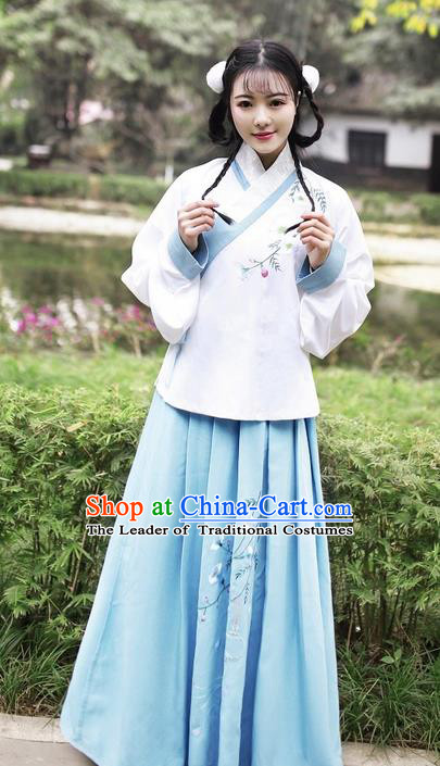 Traditional Ancient Chinese Young Lady Elegant Costume Embroidered Slant Opening Blouse and Slip Skirt Complete Set, Elegant Hanfu Clothing Chinese Ming Dynasty Imperial Princess Clothing for Women