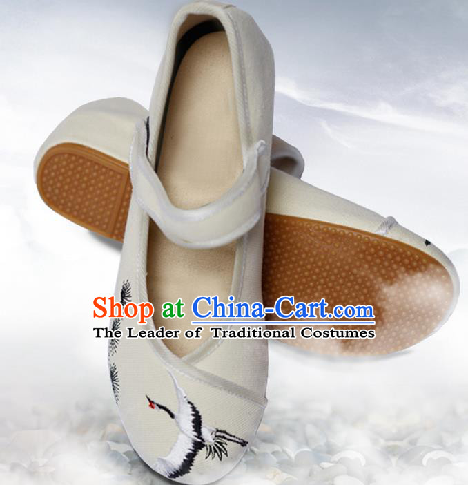 Traditional Chinese Ancient Shoes, China Handmade Embroidered Crane Beige Shoes, Ancient Princess Shoes for Women