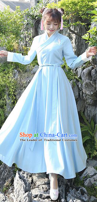 Traditional Ancient Chinese Costume, Elegant Hanfu Clothing Embroidered Slant Opening Blue Dress, China Han Dynasty Princess Elegant Clothing for Women