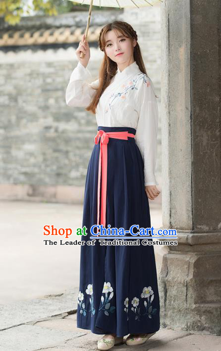 Traditional Ancient Chinese Costume, Elegant Hanfu Clothing Embroidered Slant Opening Blue Blouse and Slip Skirt Complete Set, China Han Dynasty Princess Elegant Clothing for Women