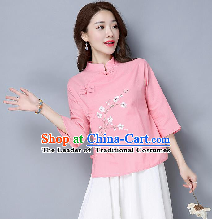 Traditional Chinese National Costume, Elegant Hanfu Pink Slant Opening Stand Collar Blouse, China Tang Suit Retro Plated Buttons Chirpaur Blouse Cheong-sam Upper Outer Garment Qipao Shirts Clothing for Women