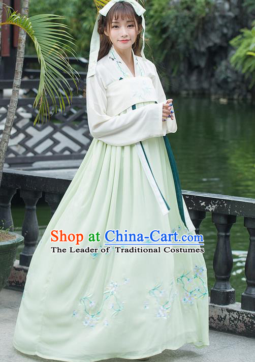 Traditional Ancient Chinese Young Lady Costume Embroidered Blouse and Green Slip Skirt Complete Set, Elegant Hanfu Suits Clothing Chinese Tang Dynasty Imperial Princess Dress Clothing for Women