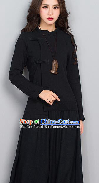 Traditional Chinese National Costume, Elegant Hanfu Linen Slant Opening Black T-Shirt, China Tang Suit Republic of China Plated Buttons Chirpaur Blouse Cheong-sam Upper Outer Garment Qipao Shirts Clothing for Women