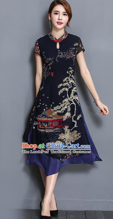 Traditional Ancient Chinese National Costume, Elegant Hanfu Mandarin Qipao Printing Navy Dress, China Tang Suit Chirpaur Republic of China Cheongsam Upper Outer Garment Elegant Dress Clothing for Women