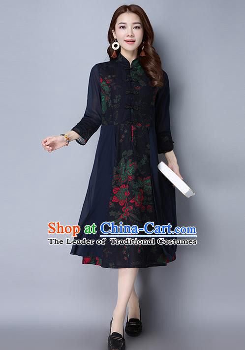 Traditional Chinese National Costume, Elegant Hanfu Linen Plated Buttons Navy Cheongsam Dress, China Tang Suit Cheongsam Upper Outer Garment Elegant Dress Clothing for Women