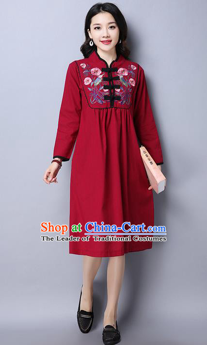 Traditional Ancient Chinese National Costume, Elegant Hanfu Mandarin Qipao Linen Embroidery Red Dress, China Tang Suit Upper Outer Garment Elegant Dress Clothing for Women