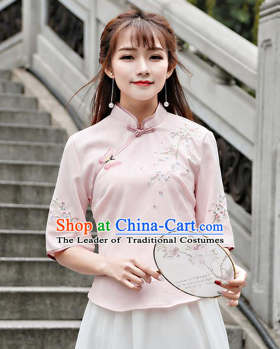 Traditional Chinese National Costume, Elegant Hanfu Embroidery Flowers Slant Opening Pink T-Shirt, China Tang Suit Republic of China Plated Buttons Chirpaur Blouse Cheong-sam Upper Outer Garment Qipao Shirts Clothing for Women