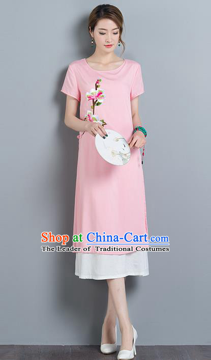 Traditional Ancient Chinese National Costume, Elegant Hanfu Qipao Embroidered Pink Dress, China Tang Suit Cheongsam Upper Outer Garment Elegant Dress Clothing for Women