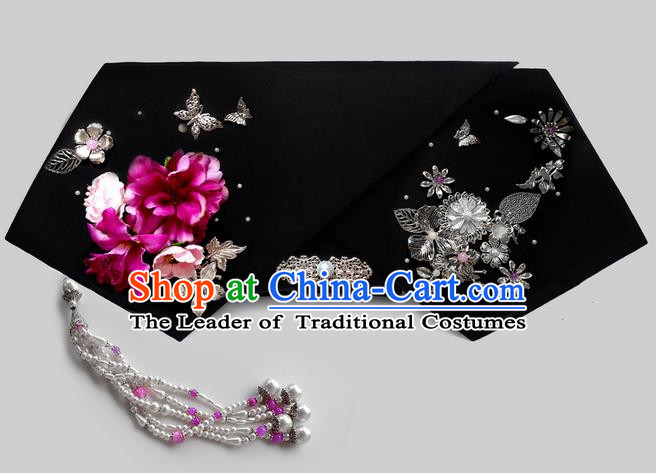 Traditional Ancient Chinese Hair Jewellery Accessories, Chinese Qing Dynasty Manchu Palace Lady Headwear Zhen Huan Big La fin Flowers Beads Tassel Headpiece, Chinese Mandarin Imperial Concubine Flag Head Hat Decoration Accessories for Women