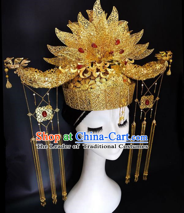 Traditional Handmade Chinese Ancient Classical Hair Accessories Bride Wedding Barrettes Phoenix Coronet Complete Set, Empress Hair Sticks Hair Jewellery, Hair Fascinators Hairpins for Women