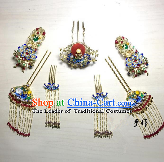 Traditional Handmade Chinese Ancient Classical Hair Accessories Bride Wedding Barrettes Hairpin Complete Set, Hanfu Princess Wedding Hair Sticks Hair Jewellery, Hair Fascinators Hairpins for Women