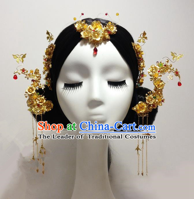 Traditional Handmade Chinese Ancient Classical Hair Accessories Bride Wedding Barrettes Phoenix Coronet Complete Set, Xiuhe Suit Tassel Hair Sticks Hair Jewellery, Hair Fascinators Hairpins for Women