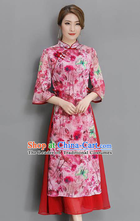 Traditional Chinese National Costume, Elegant Hanfu Mandarin Qipao Printing Red Dress, China Tang Suit Stand Collar Cheongsam Upper Outer Garment Elegant Dress Clothing for Women